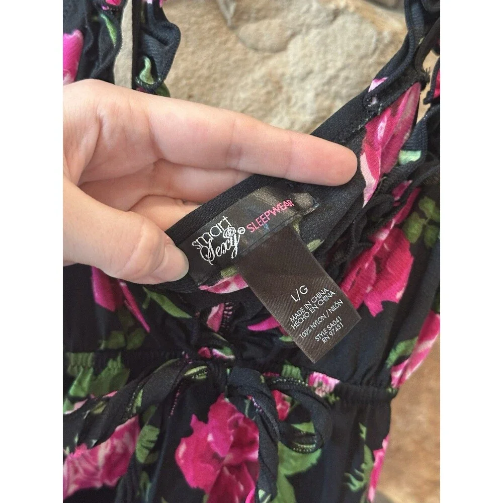 Y2K Smart & Sexy Lingerie Black/Pink Rose Babydoll Slip Dress Ruffle Bow Sheer L